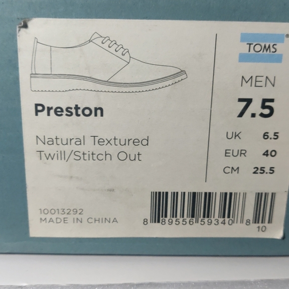 Toms Preston Men Size 7.5 Natural Twill
